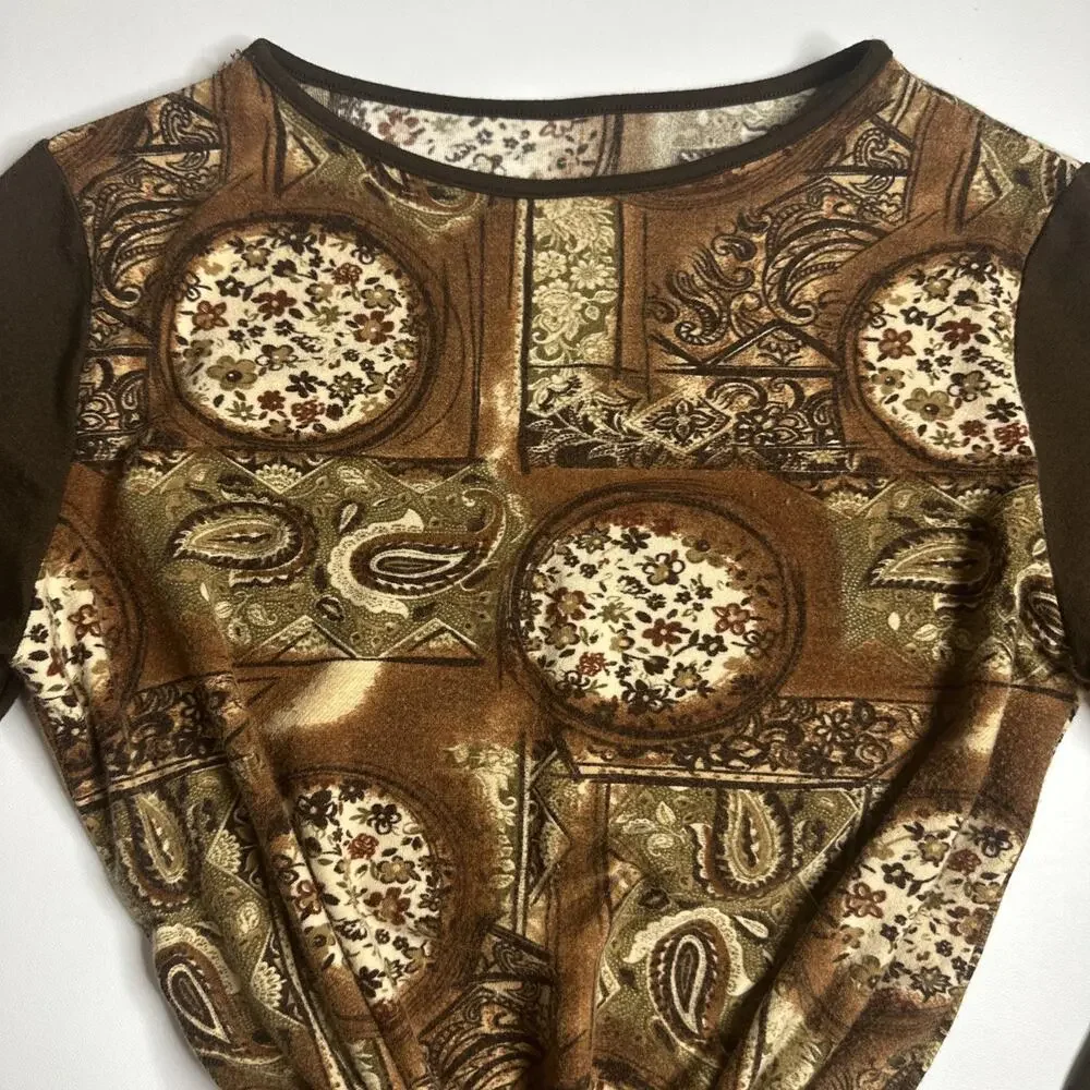 Vintage Y2K Brown Baroque Paisley Top M Whimsigoth Fairy Grunge Long Sleeve Boho